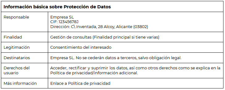 Ejemplo tabla info básica sobre Protección Datos en 1ª capa
